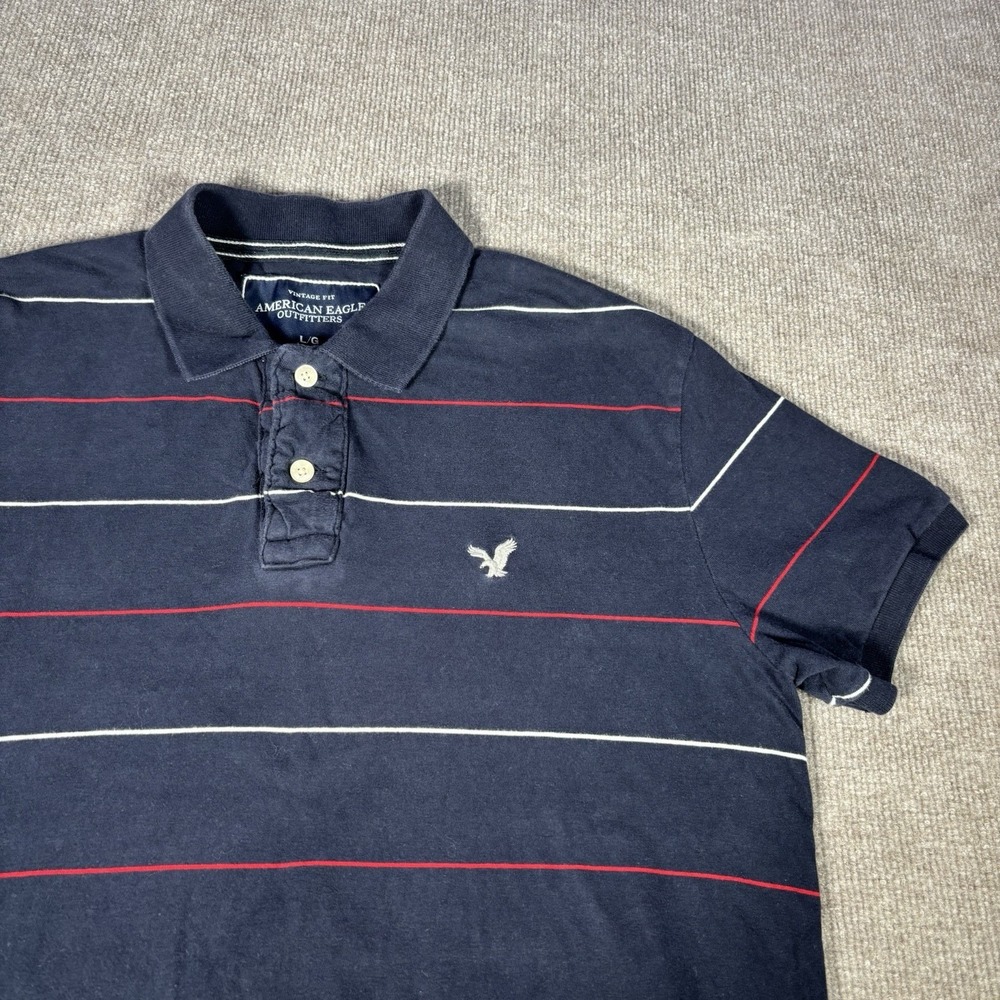 American Eagle Polo Shirt Mens L Navy Blue Striped Vintage Fit Short Sleeve Y2K